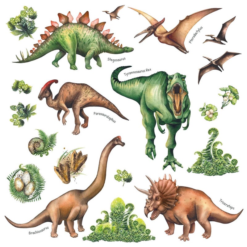 DECOWALL DS-8034 Watercolour Dinosaur Kids Wall Stickers Wall Decals Peel and Stick Removable Wall Stickers for Kids Nursery Bedroom Living Room (Small) d?cor - Image 1